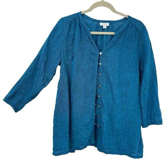 J Jill Love Linen Button Up Top size Small Jewel Teal 3/4 Sleeves V Neck Classic - Picture 1 of 10